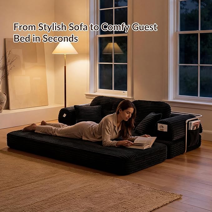Floor Sofa Bed Corduroy Modular Couch for Small Apartment &amp Compact Space Convertible Futon Sofa with Large Ergonomic Back Cushions No Assembly Modern Loveseat (Graphite 82'')