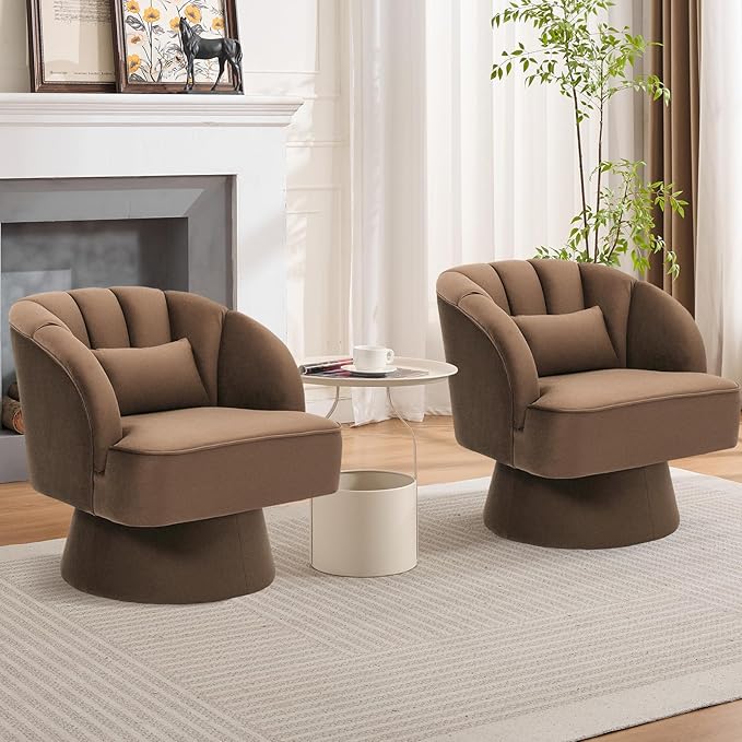 Swivel Barrel Chair - Velvet Upholstered Modern Armchair with Striped Backrest &amp Plush Padding Round Lounge Chair for Living Room Bedroom Small Spaces Brown - (2 Pcs)