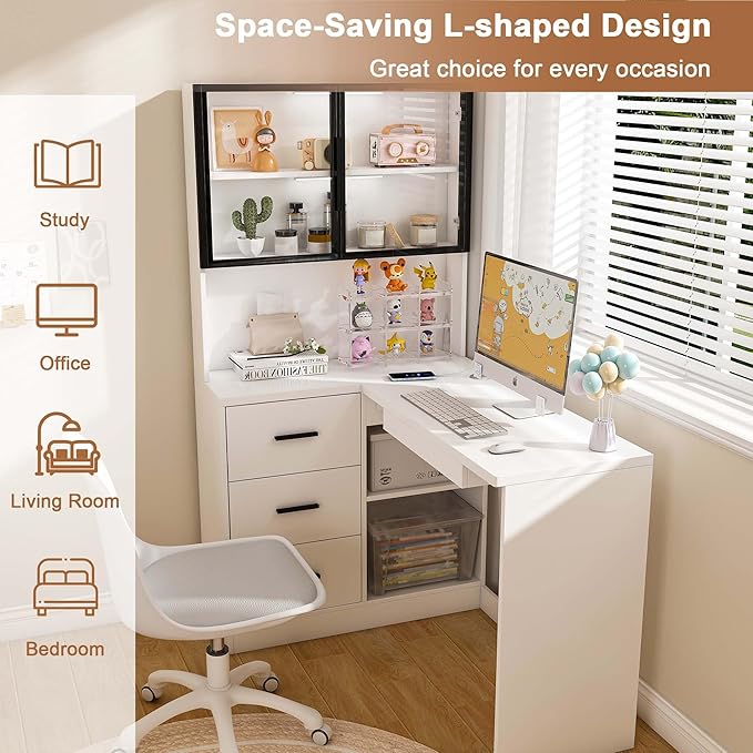 White L Shaped Desk with Keyboard Tray &amp Power Outlet Home Office Desk with Storage/LED Lights Corner Computer Desks with Drawers/Glass Cabinets for Study Room Corporate Workspaces (White)