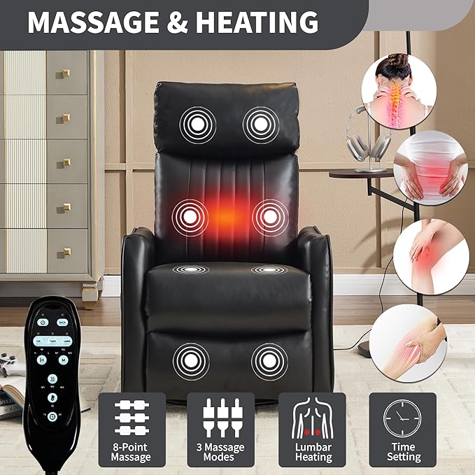 Manual Swivel Rocker Recliner Chair for Adults Overstuffed Reclining Glider Chair for Nursing with Vibration Massage &amp Heat Living Room Rocking Recliner 2-Stage backrest Faux Leather Black