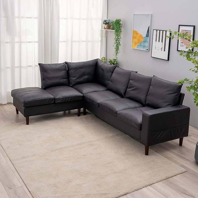 Panana 5 and 6 Seater Convertible Sectional Sofa CouchL-Shape with Universal Corner and Bulit-in USB Charging Port Chaise (Black Leather Look Fabric 6 Seater Corner with Built-in USB Port Chaise)