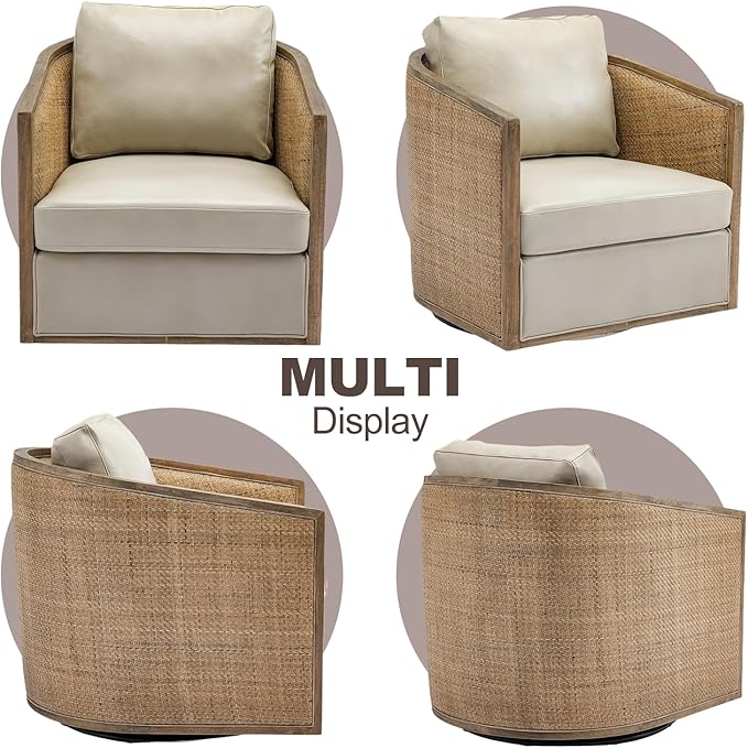 Swivel Barrel ChairLeather Accent Chair with ArmsCushion BackRattan FrameRound Swivel Chair for Living RoomBedroomOfficeWaiting Room (Oyster Grey Leather)