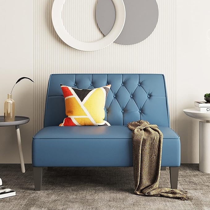 Alunaune Upholstered Blue Loveseat Bench Couch for Bedroom Modern Cushioned Armless Settee Small Love Seat Sofa Faux Leather Living Room Couch