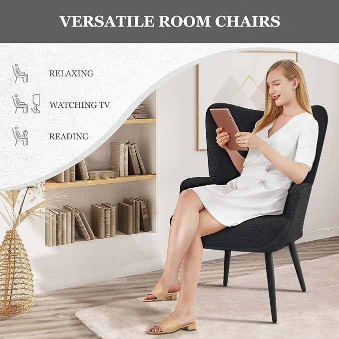 Furnimart Mid-Century Modern Accent Chairs Set of 2 Black Sherpa Wingback Reading Chairs with High Backrest Armchair for Living Room Bedroom Waiting Room