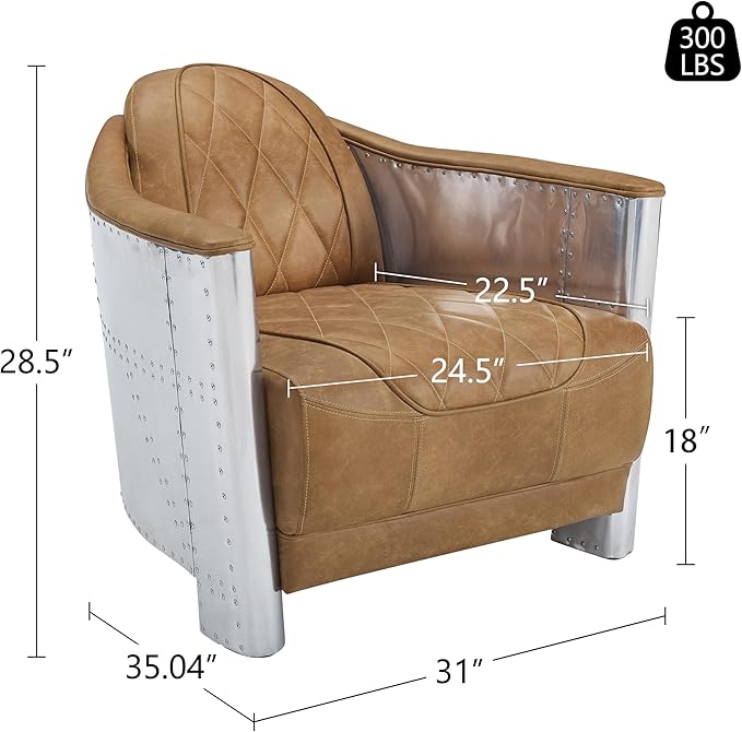 Zouron Genuine Leather Living Room Chair Mid Century Modern Single Sofa Chair in Aluminum Vintage Barrel Accent Chair for Living Room Bedroom Home Office Light Brown