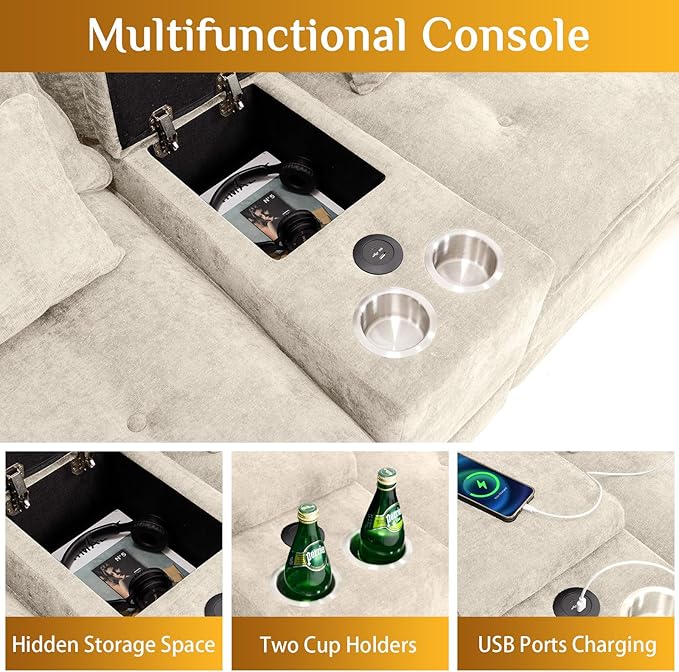 134 Oversized Beige Sectional Couches for Living Room with Glitter Fabric Fluffy Couch with Chaise Lounge&ampTufted Buttons U Shaped Sofa Set Chenille 6 Seater Couch with 2 Ottoman &amp Storage