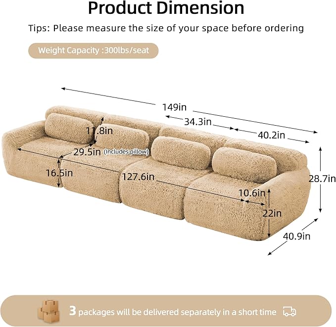 Boneless Couch Sectional Couches for Living Room 149'' Modular Sectional Sofa with Pillows Comfy Plush Cloud Couch with Deep Seat Oversized 4-Seater Modular Couches Light Khaki