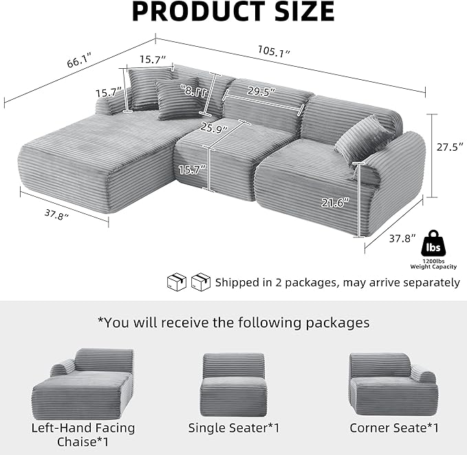 105”Cloud Couch Sectional Sofa Modular Boneless Sofa for Living Room and Apartments Deep Seat Corduroy L Shape Couch with Removable Washable Covers (Light Gray 3 Seater+Left Facing Chaise)