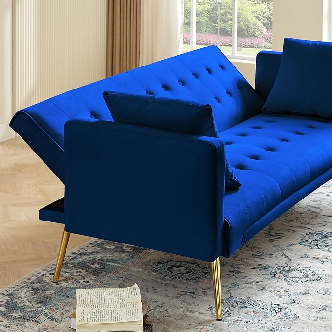 Anwick Modern Velvet Futon Sofa Bed: 72 Satin Convertible 2 Pillows Tufted Back Golden Metal Legs Folding Sleeper Loveseat for Small Space Home Office Living Room (Blue)