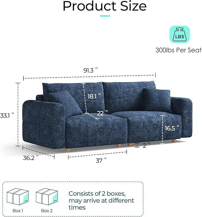 LINSY HOME Cloud Couch Sectional Modular Sofa Sectionals for Living Room Bedroom 91 2 Seater Love Seat Couch with Ottoman Deep Seat Cozy Couch Luxury Chenille Sofas Blue