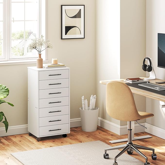 HOOBRO 7-Drawer File Cabinet Wooden Office Cabinet with Drawers Mobile Storage Filing Drawer for Home Office Study Easy Assembly White WT07WJ01