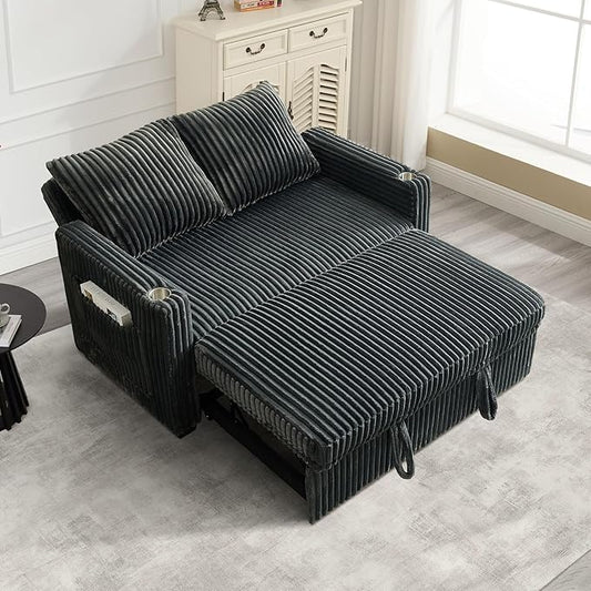 Hommoo Sleeper Sofa Couch with Pull Out Bed Convertible 3 in 1 Futon Lounge Sofa Small Love Seat for Living Room Apartment Comfy Corduroy Reclining Back with Cup Holder and USB Ports 53 Grey