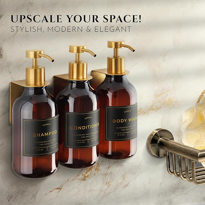 Shower Shampoo Dispenser Wall Mounted – 3 Refillable 16.9 oz Amber Bottles with Stainless Steel Pumps &amp No-Drill Adhesive Holders – Soap Dispenser Set for Bathroom (3 X Amber/Gold)