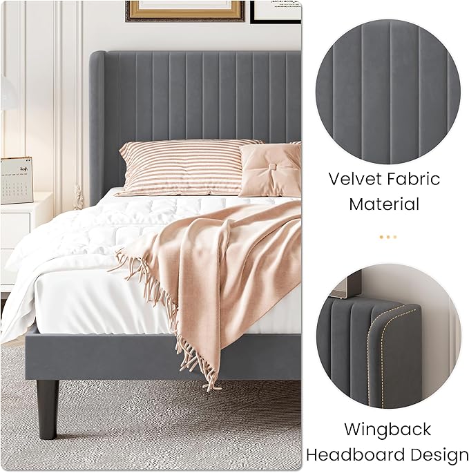 SHA CERLIN Queen Size Velvet Bed Frame with Vertical Channel Tufted Wingback Headboard Upholstered Platform Bed with Wood Slats No Box Spring Needed Easy Assembly Grey