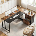 AODK 61 L Shaped Office Desk with Wood Drawers &amp Lockable File Cabinet Reversible 21.7 D Corner Computer Desk with Built-in Power Outlets Executive Desk for Home Office Walnut