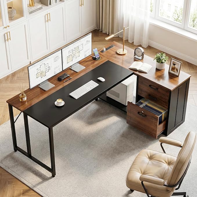 AODK 61 L Shaped Office Desk with Wood Drawers &amp Lockable File Cabinet Reversible 21.7 D Corner Computer Desk with Built-in Power Outlets Executive Desk for Home Office Walnut
