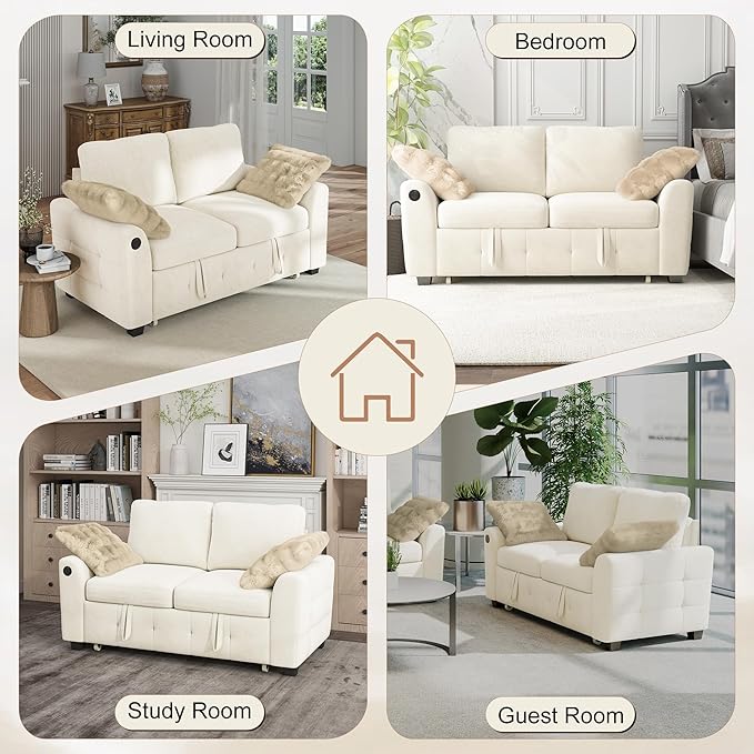 Hanherry 59 Loveseat Sofa with Pull Out Couch Bed Chenille 2-in-1 Convertible 2 Seater Sleeper Sofa with USB ChargingComfy Love Seat for Small Spaces Living Room Apartment