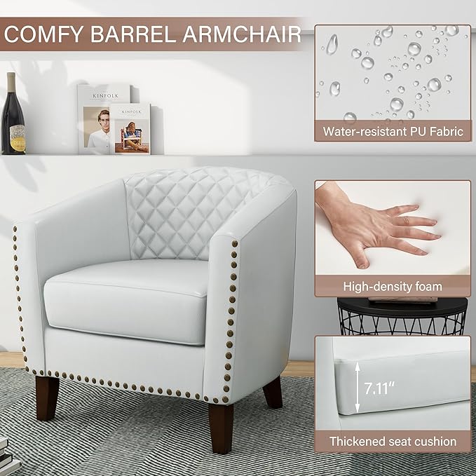 Pia Ricco Faux Leather Barrel Accent Chair Modern Club Arm Chair Comfy Upholstered Single Sofa Chair with Solid Wood Legs and Nailhead Trim for Living Room/Reading Room (White)
