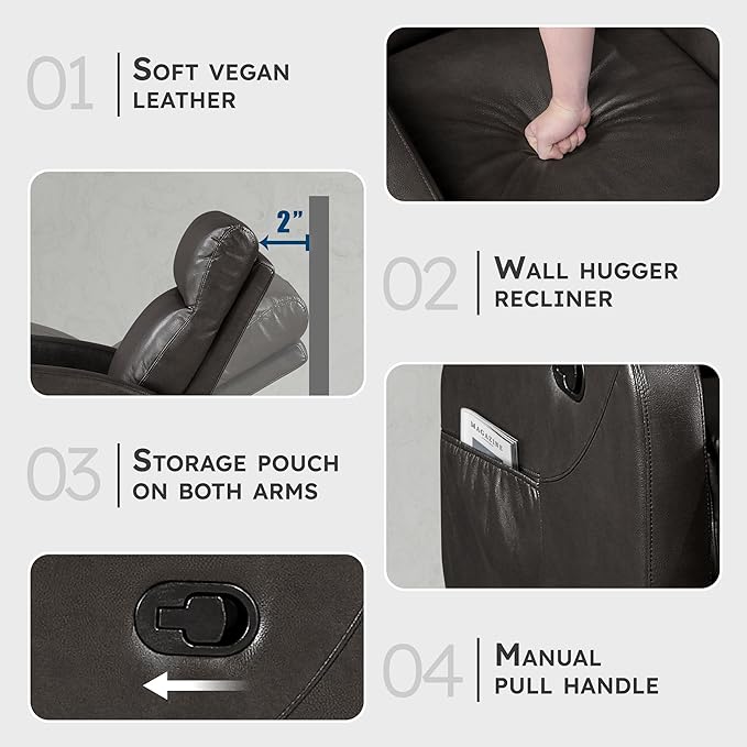 Lexicon Manual Reclining Sofa Faux Leather Recliner Sofa Wall Hugger Track Arms Magazine Pockets Manual Dual Recliners Couch for Living Room/Office/Apartment Easy Assembly Espresso