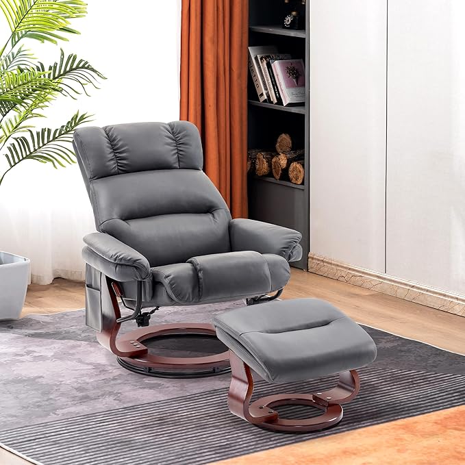MCombo Swivel Recliners with Ottoman Reclining TV Chairs with Vibration Massage Faux Leather Ergonomic Lounge Chair for Living Room Bedroom 4832 (Grey)
