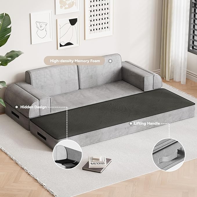79 Multi-Style Convertible Sleeper Sofa Bed Loveseat Boneless Couch in a Box Folding Floor Mattress with Removable Pillows Armrests Side Pockets Fold Out Lounge Against the Wall Light Grey