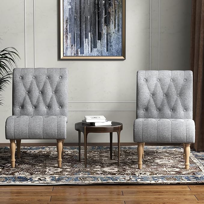 Simore Fabric Vanity ChairModern Button-Tufted Living Room Chairs Upholstered Armless Bedroom Chair with Wooden Legs
