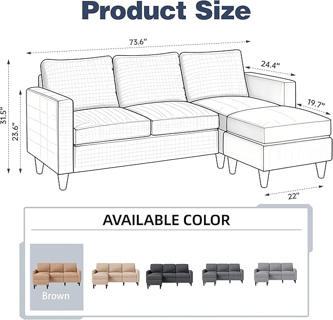 SUNLEI 73.6 Modular Sectional Sofa Comfy Cloud Couch with Movable Ottoman Deep Seat L Shaped Modular Sofa Sectional Couches for Living Room and Apartment Brown