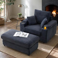 43.3 W Oversized Corduroy Chaise Lounge Chair Comfy Sleeper Sofa with Cup Holder and Storage Ottoman 3 Throw Pillows Included Deep Seat Upholstered Reading Chair for Living Room (Gray)