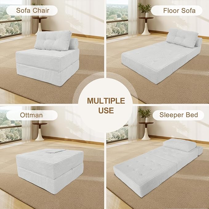 ANONER Memory Foam Folding Sofa Bed Sectional Couches with Deep Seat and Pillow Futon Floor Couch Versatile Convertible Sleeper Chair Boneless Chaise Lounge Fold Out Chair Bed Beige