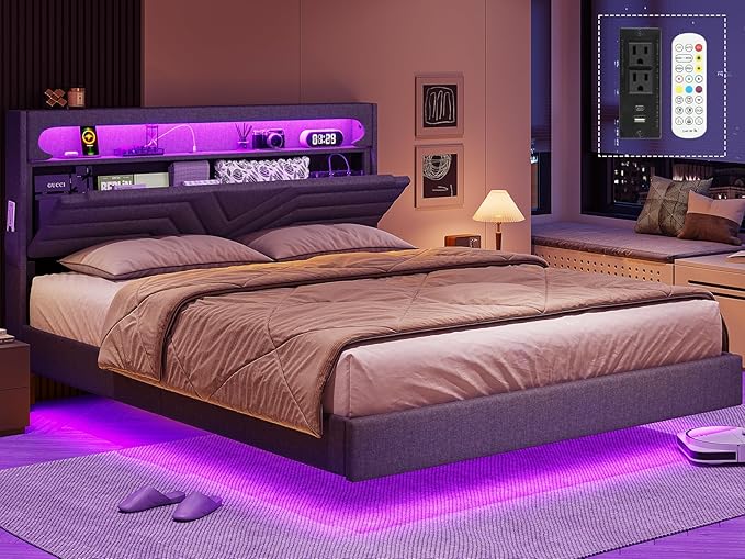 BTHFST Queen Floating Bed Frame with RGB LED Lights Headboard USB-C/A Power Combo Linen Upholstered Platform Bed with Storage Headboard Innovative Stable Structure Dark Gray