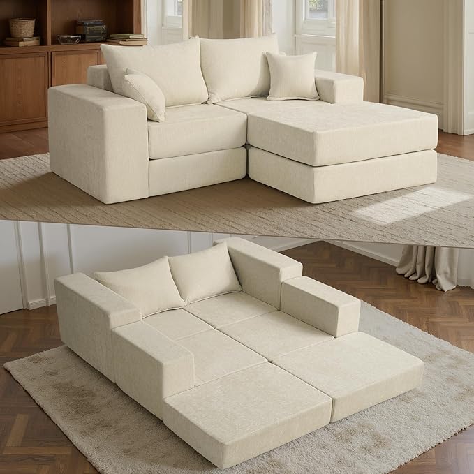 Modular Convertible Loveseat Sleeper Sofa Bed Chenille Upholstered Sectional Boneless Couch for Living Room L Shaped Foam Cloud Couch in Box Customizable Floor Sofa Bed (No Assembly Beige)