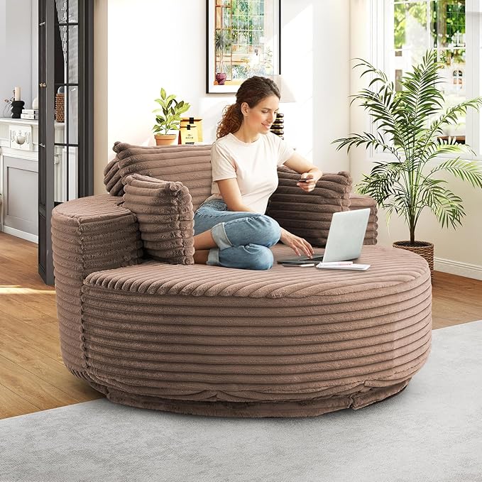 360-Degree Oversized Swivel Chair Modern Round Circle Corduroy Comfy Deep Seat Swivel Accent Chaise Lounge Sofa Chair with Back Cushion &amp 2 Throw Pillows for Living Room Bedroom Office Brown