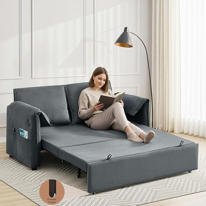 63 Velvet 3 in 1 Convertible Sleeper Sofa Bed Pull Out Couch Bed Loveseat with Adjustable Backrest Chaise Lounge USB Port &amp Side Pocket Modern Sofa for Living Room Small Spaces Gray