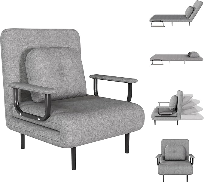 3 in 1 Sleeper Chair Bed Convertible Chair Bed Futon Sofa with Adjustable Backrest &amp Pillow Accent Chair for Apartment/Bedroom/Office (Gray)