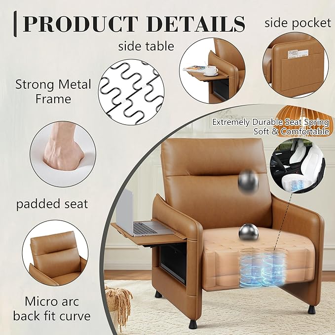 Alunaune Upholstered Living Room Chair Armchair Set of 2 Mid Century Accent Chair Reception Couch Slipper Club Lounge Chair Guest Comfy Single Sofa with Sidetable for Bedroom-Brown