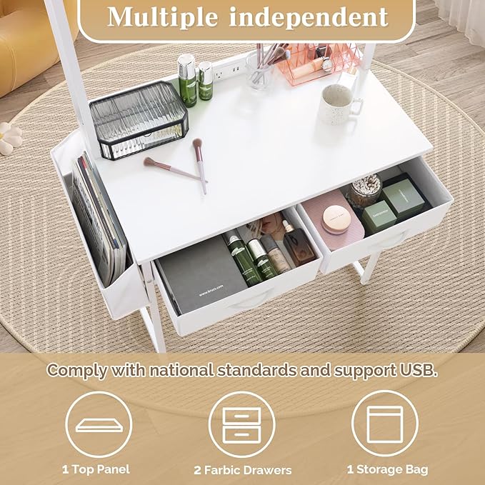 KATHY&ampBOB Small Home Office Study Desk - Freestanding Arched Design with Fabric Drawers &amp Side Bag - Modern Vanity Makeup Desk - Open Shelf &amp Computer Gaming Station (White)