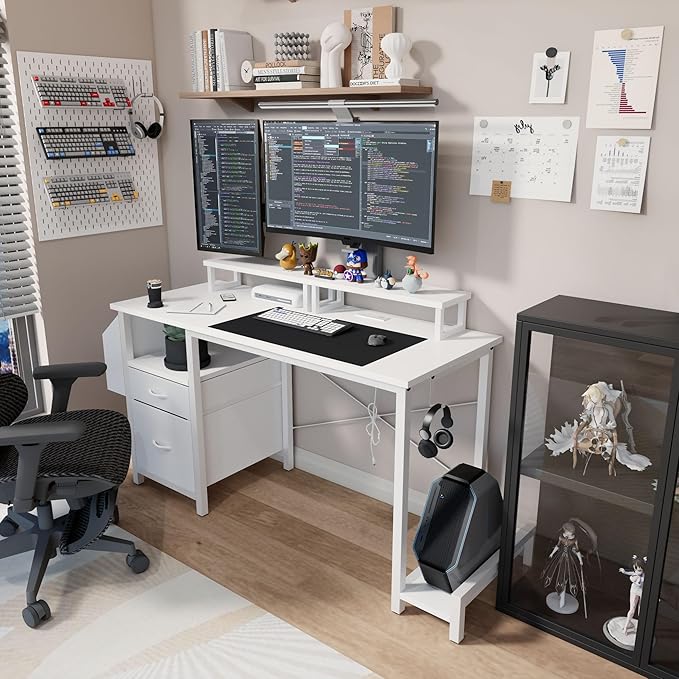 Home Office Desk with Side Pocket and Drawers Modern Computer Desk for Small Space Bedroom 47 Inch Gaming Desk with Power Outlet &amp 2 Movable Monitor Shelves (White)