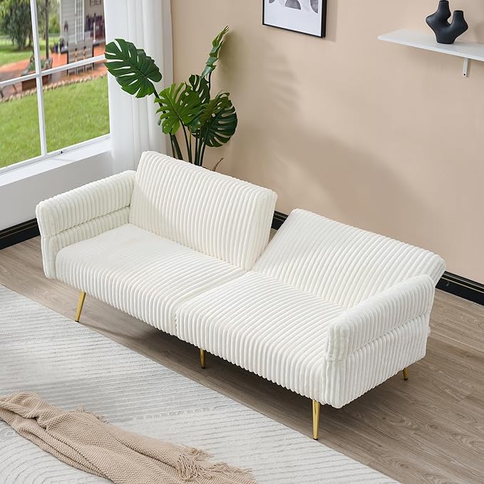 73 Convertible Futon Sofa BedComfy Teddy Fabric Sleeper Couch with 3 Reclining BackrestsGolden Chrome LegsModern Cloud Sofa Loveseat for Small Living Room Office (White-Corduroy)