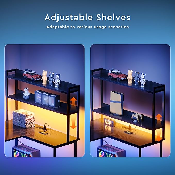 L Shaped Gaming Desk with ShelvesReversible Computer Gaming Desk with LED Lights and Charging StationHome Office Corner Desk with Monitor StandBlack
