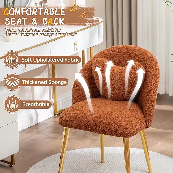 Vanity ChairAccent Makeup Comfy Cute Desk Girls Fluffy Chairs for Bedroom No Wheels Gold Metal Legs Stool (Teddy Brown)
