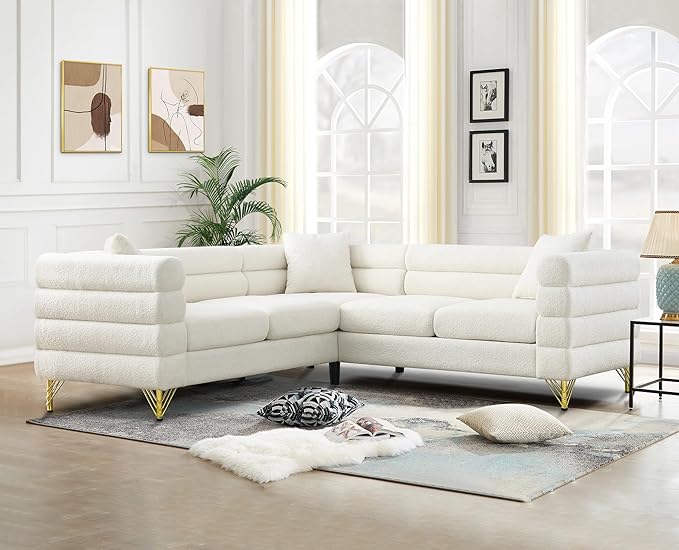 Comfy Boucle L Shaped Sofa 81.5 Oversized Sectional Couch with Deep Seated Design Upholstered Corner Sofa Couch with 3 Pillows Modern Couches for Living Room Apartment Waiting Room White Teddy