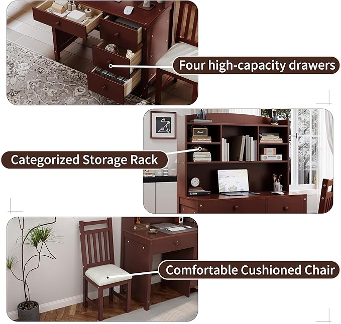 Wooden 40'' Home Office Desks with Bookshelf and Upholstered Chair Versatile Writing Desk Office Study Workstation with 4 Drawers and Storage Shelf for Office Study Room Bedrooms (Espresso-Wood)