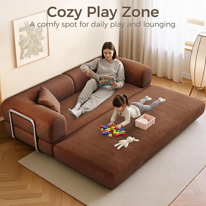 78.5'' Convertible Folding Sofa Bed – 4-in-1 Modular Floor Couch Corduroy Small Cloud Couch Compressed Foldable Sleeper Sofa King Size Futon for Bedroom Guest Room (Brown-02)