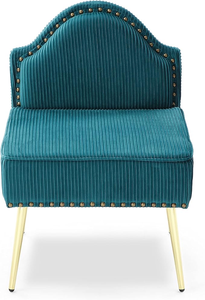 Modern Upholstered Pleated Velvet Accent Chair Tufted Dining Office Chairs Armless Slipper Chair Mid-Century Side Chair Single Luxury Sofa Chair with Golden Legs for Living Room Small SpaceTeal