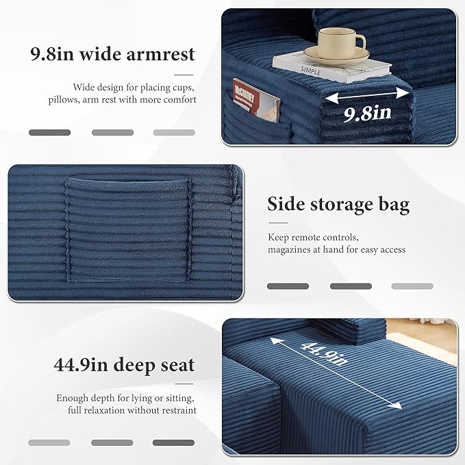 96 Sectional Couches for Living Room Cloud Couch Sofa with L-Shape Upholstered Boneless Couchs Modern Modular Sectional Couch with Chaise (Bule 96 W+Right Facing Chaise+2Seaters+Ottoman)