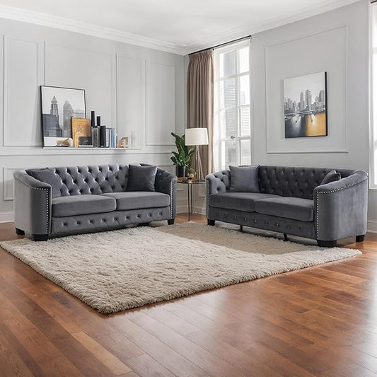 2 Piece Modern Chesterfield Velvet 77 3-Seater Sofa Set Upholstered Tufted Backrests with 8 Nailhead Arms and 4 Cushions for Living Room (Grey 2 Piece 77 3-Seater Sofa Sets)