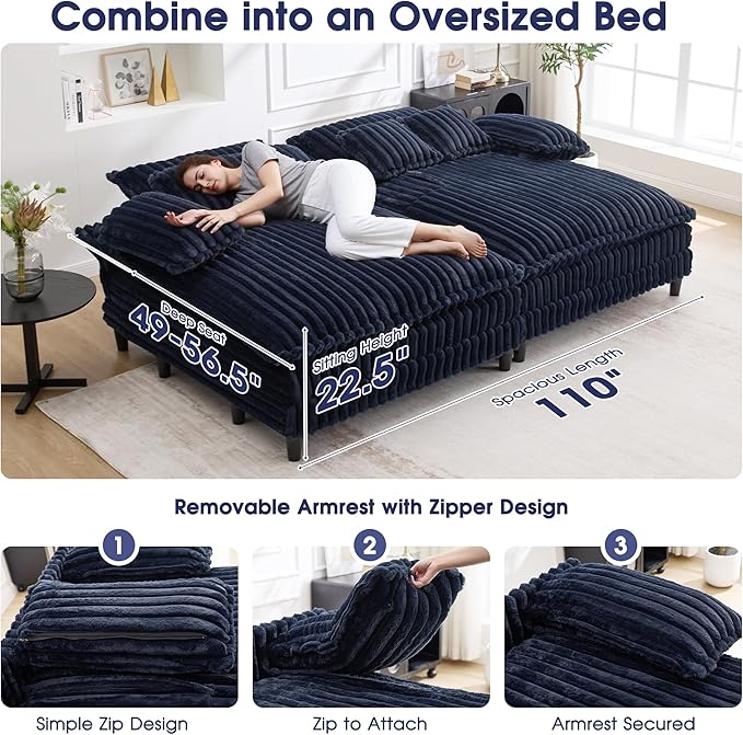 55 W Oversized Chaise Lounge Sofa Couch with 5-Position Adjustable Backrest Plush Sleeper Chair Sofa Bed Reading Chair ‌with Deep Seat Cloud Couches for Living Room Bedroom Blue