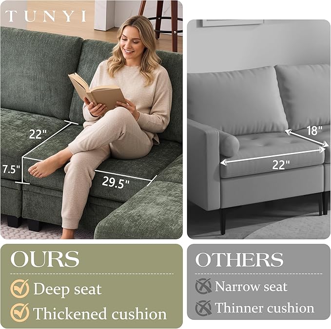 TUNYI 130 Sectional Couch with Storage Oversized Chenille Modular Sectional Sofa for Living Room Convertible Deep Seat Sofa Couches with Ottoman Armrest Pillow (Green)