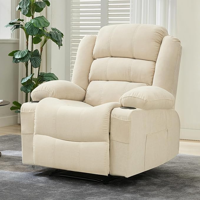 Large Recliner Chair for Adults Manual Pull Tab Reclining Chair with Cup Holders 3-Position Recliner Sofa for Living Room Overstuffed Single Sofa Chair Supports 350 Lbs