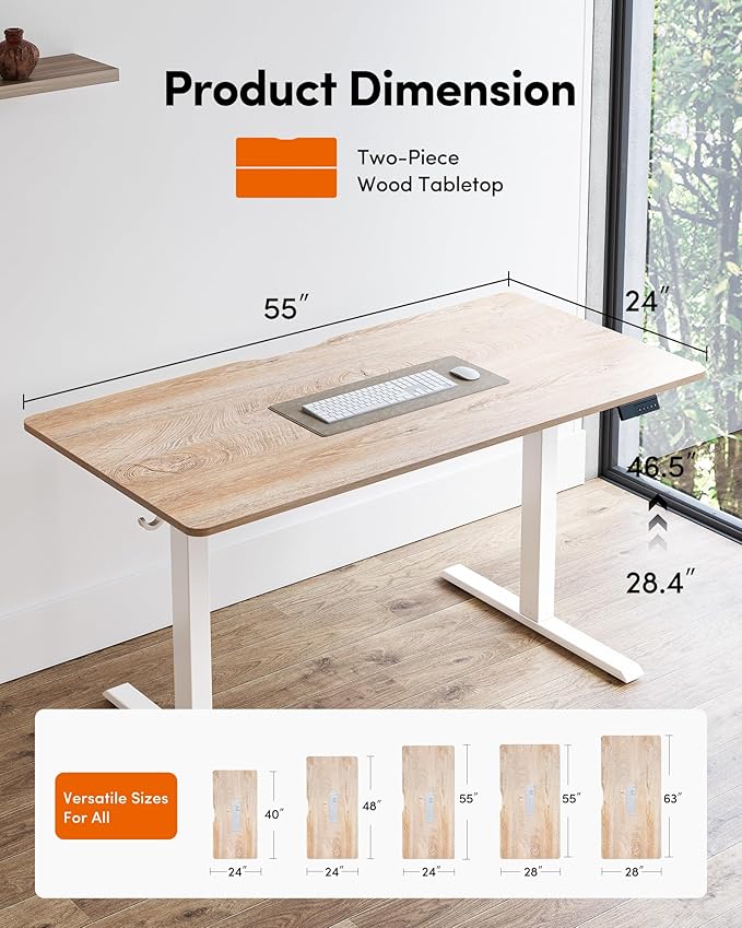 FEZIBO 55 x 24 Inchs Electric Standing Desk Height Adjustable Sit Stand Up Computer Office Desk with Splice Board White Frame/Maple Top